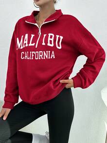 SHEIN PETITE Women's Letter Printed Zipper Half Placket Drop Shoulder Sweatshirt - Burgundy - View 5