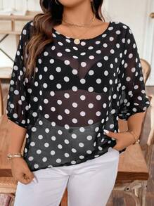 Celure Camisa casual de talla grande con lunares y estampados con decoración de lazo en la espalda, primavera/verano