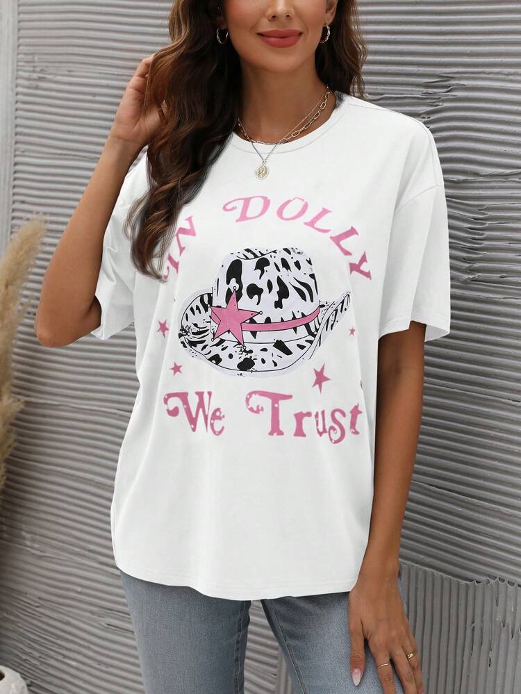 Women's Summer Slogan Hat Print Round Neck Slouchy Short Sleeve Loose Casual T-Shirt