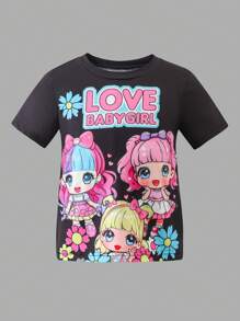 SHEIN 年轻女孩可爱甜美 3 件女孩情书 Y2K 风格短袖黑色 T 恤和花卉印花洋红色短裤套装，适合夏季、学校、派对、团体装、兄弟姐妹、游乐园、儿童节、最佳朋友拍照 - 彩色 - 查看 3