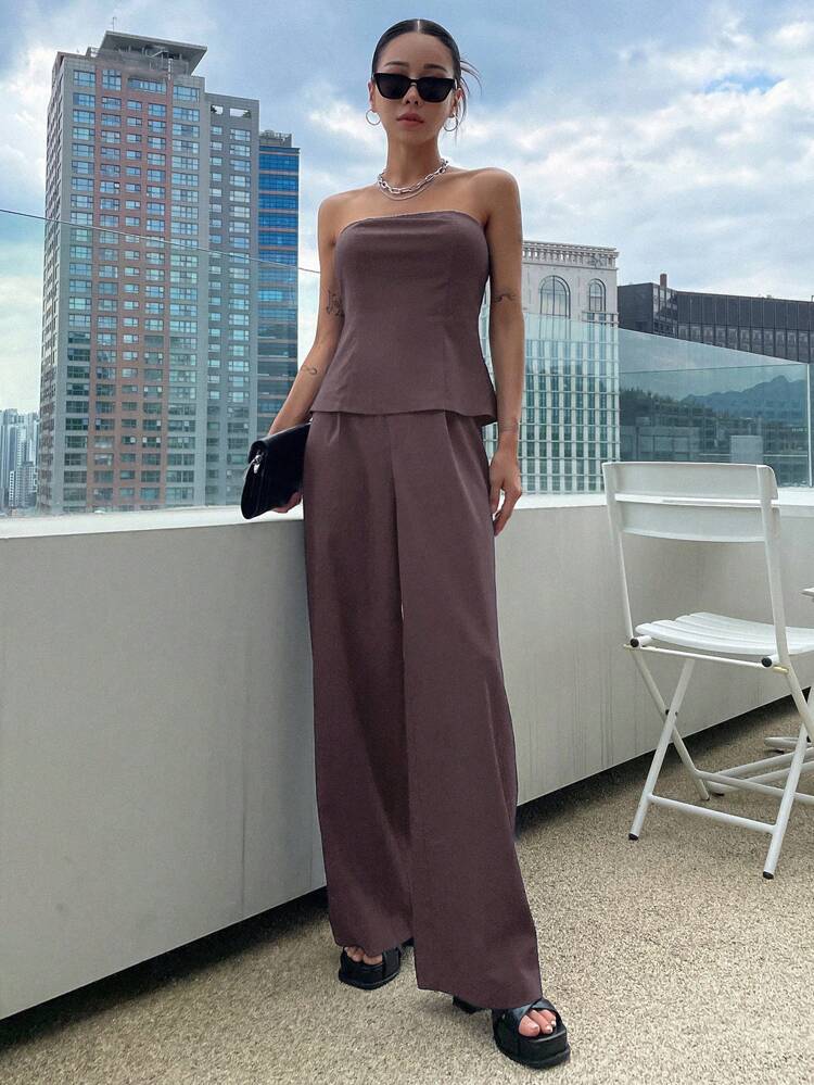 Ladies' Solid Color Simple Daily Strapless Top And Long Pants Set