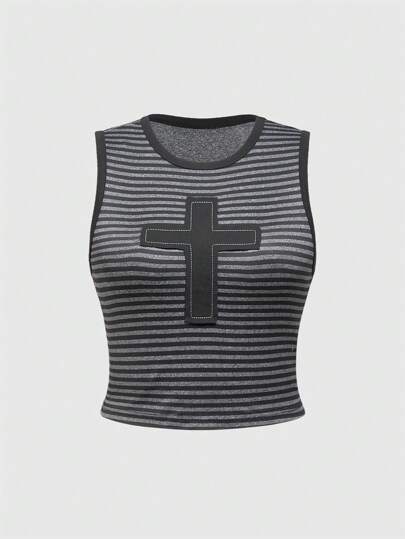 Grunge Punk Women's Striped Tank Top With Dark Grunge Cross Iron-On Patch