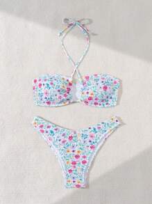 SHEIN Swim 女士夏季海灘花卉交叉收縮領帶兩件式比基尼套裝，隨機印花 - 彩色 - 查看 5