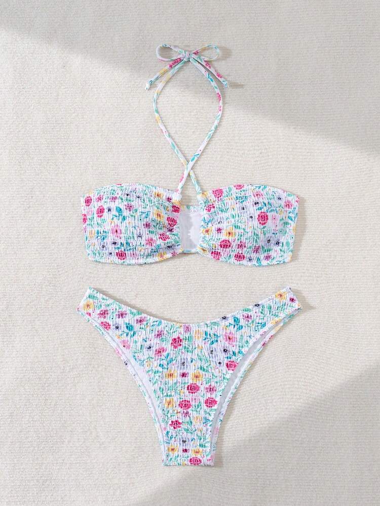 Women's Summer Beach Floral Cross Shirred Halter Neck Tie Two-Piece Bikini Set, Random Print