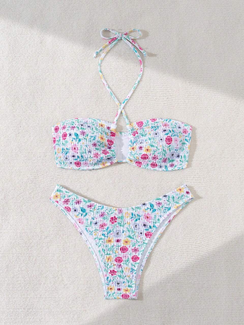 Women's Summer Beach Floral Cross Shirred Halter Neck Tie Two-Piece Bikini Set, Random Print