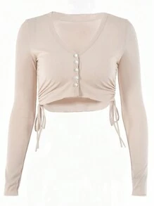 INAWLY Women's Spring/Summer Solid Color Single-Breasted Long Sleeve Side Drawstring Cropped Slim Fit T-Shirt