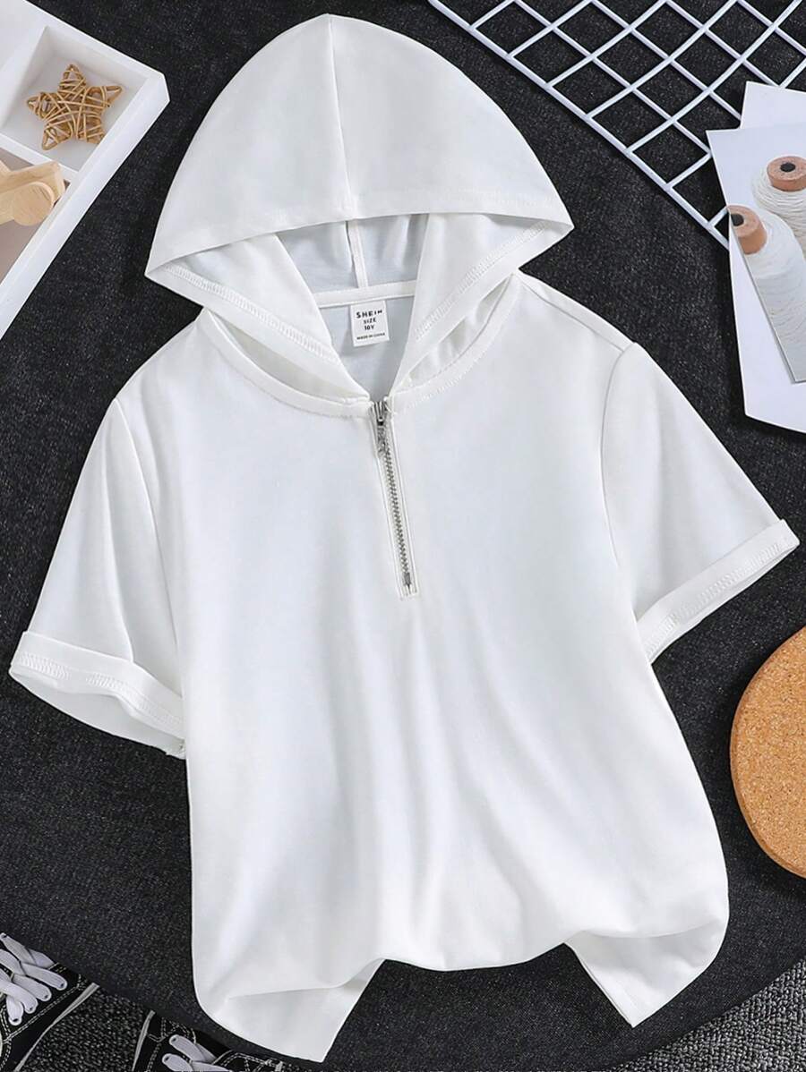 Tween男孩鬆身連帽休閒短袖T恤，百搭款式 - 白色 - 查看 1