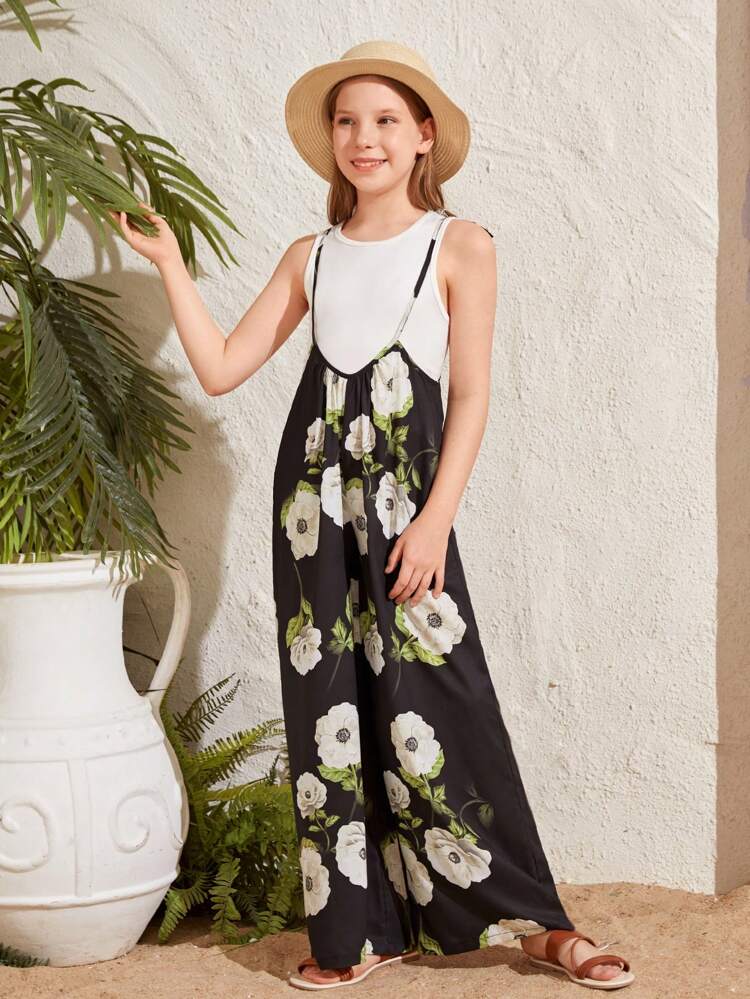 Tween Girl Loose-Fit Printed Jumpsuit With Wide Leg, Casual Overalls With Straps