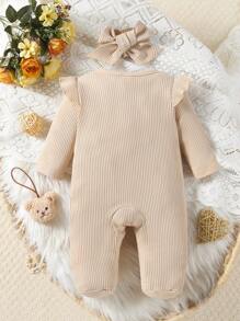 SHEIN 嬰兒女寶寶純色圓領休閒簡約睡衣，帶荷葉邊