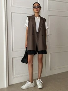 DAZY Áo khoác blazer không tay màu trơn dành cho nữ, mặc hàng ngày, công sở - màu nâu - Xem 3