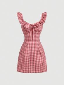 SHEIN MOD Con dobladillo con volantes, Vestido vintage de cuadros rojos con volantes de verano para mujer, Vestido lindo, Vestido rojo - Multicolor - Ver 1