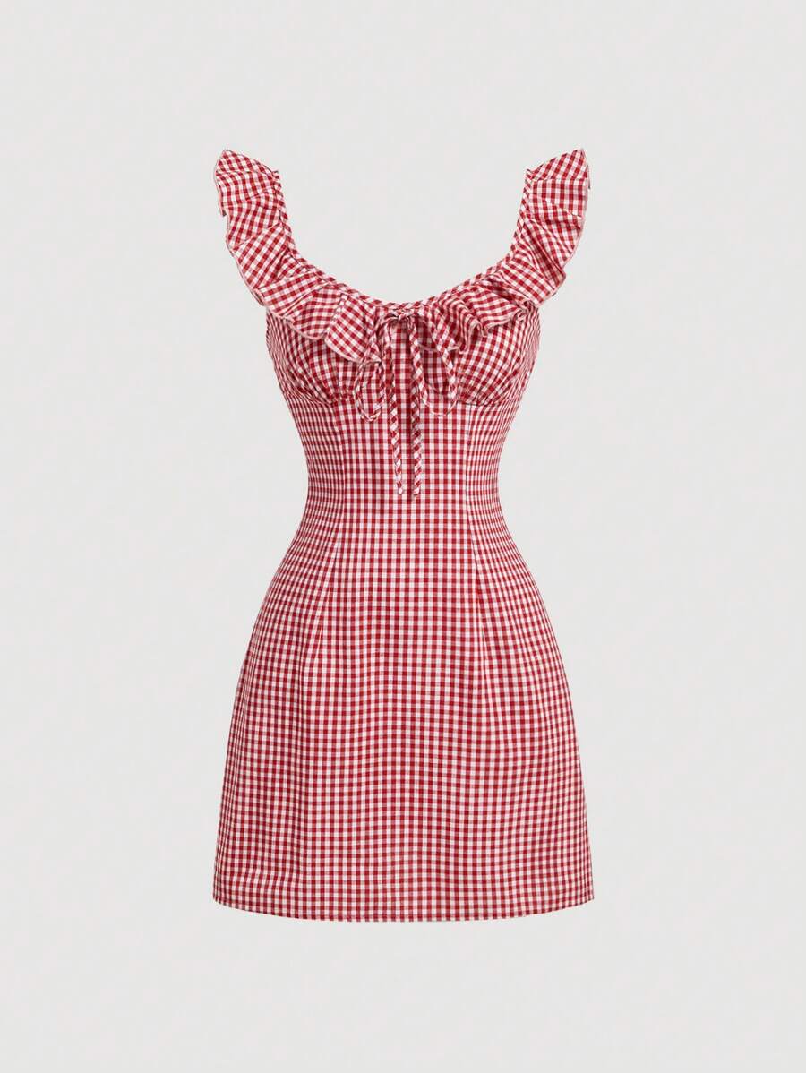 SHEIN MOD Con dobladillo con volantes, Vestido vintage de cuadros rojos con volantes de verano para mujer, Vestido lindo, Vestido rojo - Multicolor - Ver 1