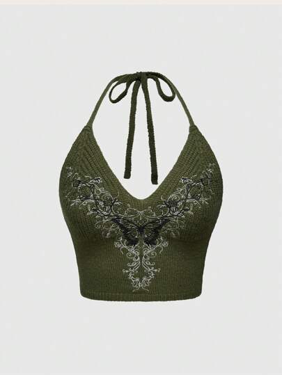 Fairycore Vintage Damen Schmetterling-Weinrebe besticktes Halter-Stricktop mit offenem Rücken, Sommer