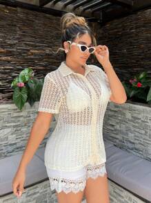 SHEIN SXY Women's Fashionable Solid Color Hollow Out Short Sleeve Top Summer Vacation Holiday Beach BOHO Sexy Boho Birthday Bachelorette Party - Apricot - View 3