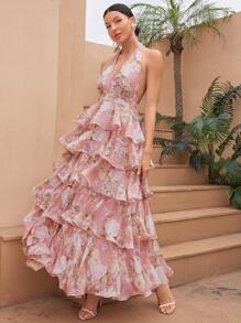 UNITHORSE 数码水彩印花 V 领露背雪纺碎花连衣裙，随意剪裁的花朵图案，优雅飘逸，带有多层荷叶边，适合生日、毕业典礼、返校节派对礼服、新娘礼服、生日女士服装、正式礼服、校服