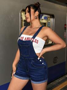SHEIN CURVE+ Plus Size Women Cowgirl Style Denim Suspender Pants, Elastic Tight Fit, Casual Vacation Outfit For Autumn  Autumn Outfits For Women Festival Outfits