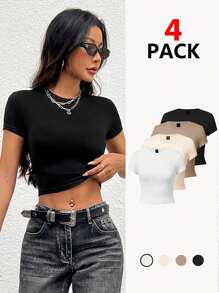 SHEIN PETITE Casual Round Neck Tight Short Sleeve T-Shirt For Women, Suitable For Summer - Apricot - View 2