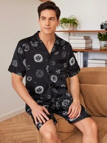 男士短袖單排釦睡衣和短褲套裝，夏季家居服 - 黑色 - 查看 6