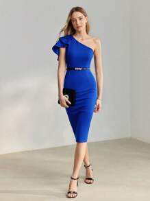 MOTF PREMIUM ONE SHOULDER FLUTTER SLEEVE SLIM FIT COCKTAIL DRESS - Blue - View 4