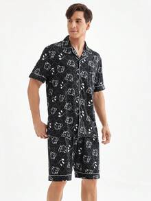 男士流行熊印花短袖衫和短褲家居服套裝 - 黑色 - 查看 6