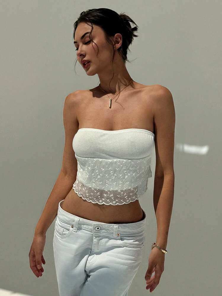 Romantic Date Mesh Contrast Cropped Tight Strapless White Women's Top