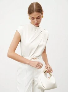 SHEIN BIZwear Camisa elegante de verano para mujer con cuello de soporte, mangas cortas plisadas y un unicolor