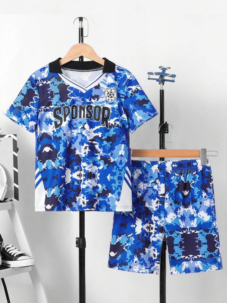 Tween Boy Summer Letter & Camouflage Printed Short Sleeve T-Shirt And Shorts Casual 2pcs Outfit