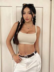 SHEIN EZwear Áo crop top sọc trơn màu đơn giản cho nữ - Màu be - Xem 6
