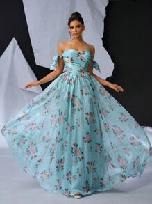 SHEIN Belle Elegant, Gorgeous And Romantic, Mint Green Shimmer Chiffon Organza Digitally Printed Off Shoulder With Removable Bow Sleeves, Mesh Slip And Oversized Hem And Train. Perfect For Vacation. Perfect For Dates, Bachelorette Parties, Holiday Parties, Proms And Formal Events. Evening Dress - Green - View 6