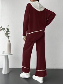 EURMUSE 2 Piezas/set Cárdigan Abotonado Con Bloque De Color De Hombro Caído Y Suéter Y Pantalón De Color Sólido - Rojo - Ver 2