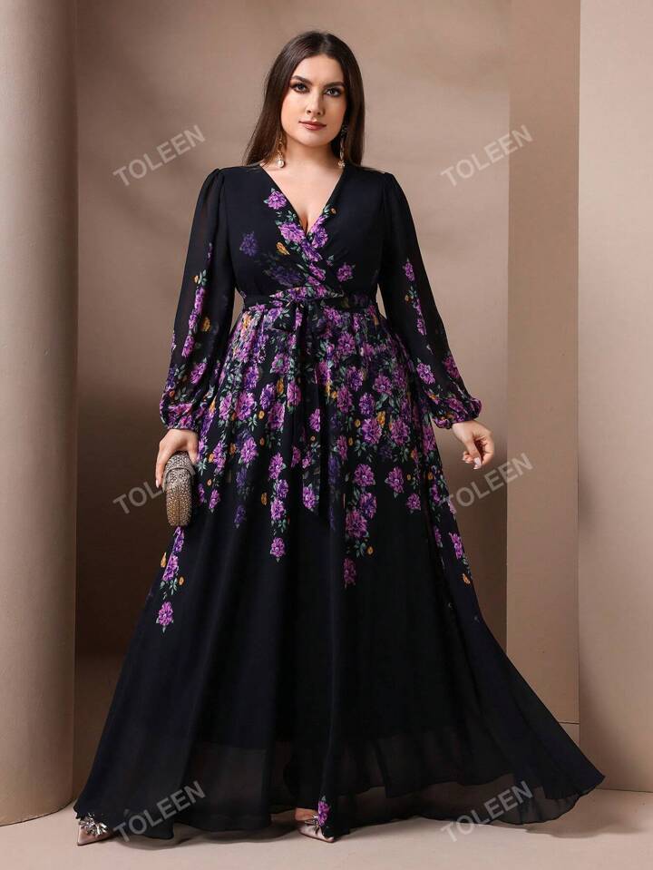 Plus Size V Neck Floral Print Elegant Long Sleeve Dress SHEIN
