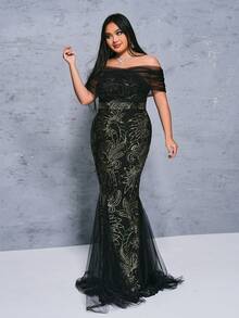 seomiscky Plus Size Mesh Splice Bodycon Off Shoulder Women's Party Dress (Heavy Style) - Black - View 8