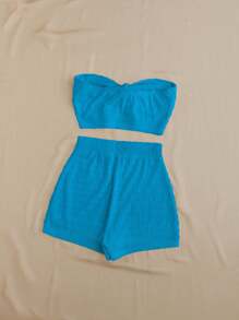 Soleia Summer Solid Texture Bandeau Top And High Waist Shorts Casual Vacation 2-Piece Set