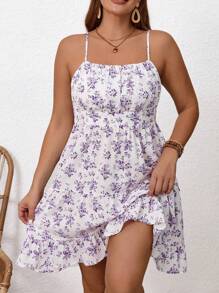 SHEIN Frenchy Plus Size Women's Boho Floral Print Backless Spaghetti Strap Dress, For Summer,Beach Dress Sundress,Holiday Outfits - Mauve Purple - View 1