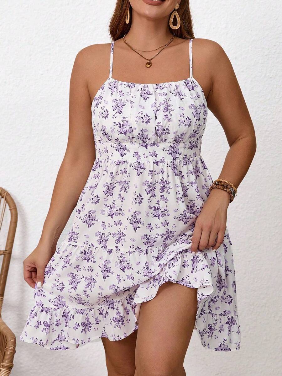SHEIN Frenchy Plus Size Women's Boho Floral Print Backless Spaghetti Strap Dress, For Summer,Beach Dress Sundress,Holiday Outfits - Mauve Purple - View 1