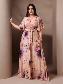 Plus Size Elegant Floral Print Dress, Summer - Pink - View 5