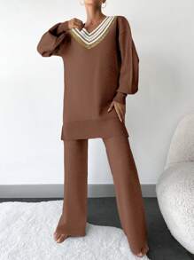 SHEIN Cottnline màu trơn Màu sắc Cổ chữ V Giải trí Áo len Và Rộng chân Quần Bộ - màu nâu - Xem 3