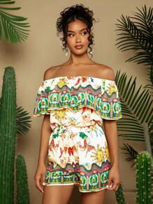 SHEIN VCAY Women's Summer Holiday Floral Printed Ruffle Off Shoulder Top And Shorts Casual 2pcs/Set - Multicolor - View 4