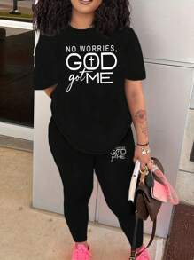 INAWLY Women's Summer 2pcs Set With English Slogan Print - Black - View 3