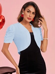 SHEIN Clasi 女士實色百褶短袖夏季休閒外套 - 淺藍色 - 查看 4