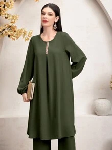 Al Najma 女士宽松优雅两件套长袖长上衣和裤子，春夏季编织条纹，适度长线上衣套装，适合日常休闲/居家/办公室/旅行/度假 2 件套 - 軍綠色 - 查看 8