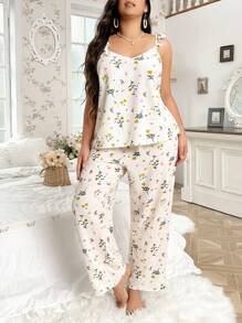 Plus Size Nữ Dây Spaghetti Ditsy Hoa Xù Viền Áo ba lỗ và quần dài, Bộ Pyjama - Màu be - Xem 3
