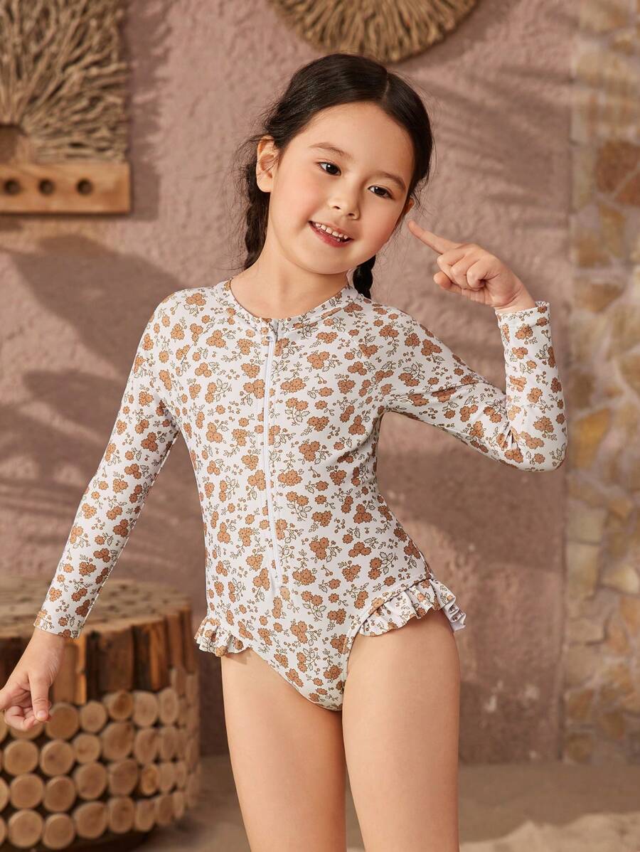 Young Girl Random Flower Printed One Piece Swimsuit With Zipper