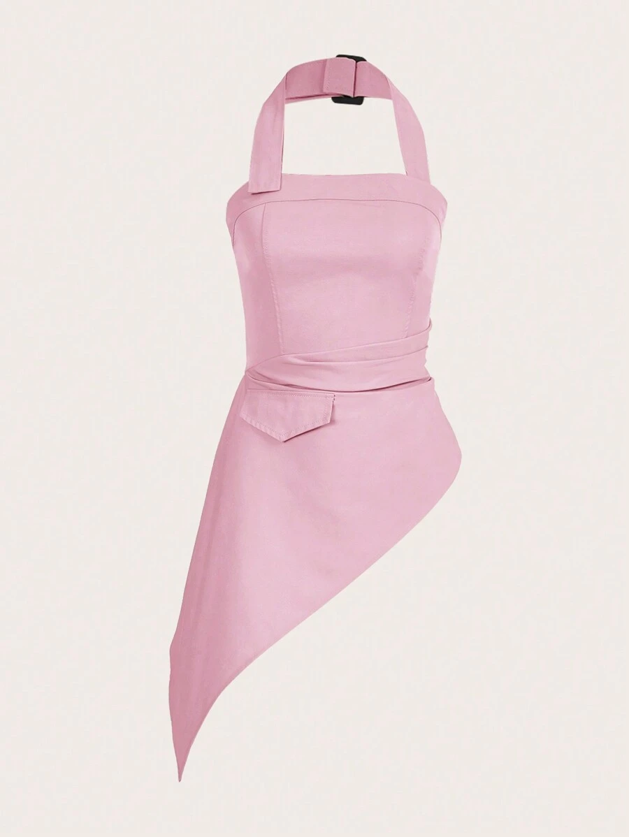 Chiquease Atasan Halter Wanita Modis Musim Panas Warna Polos dengan Hem Asimetris - Berwarna merah muda - View 1