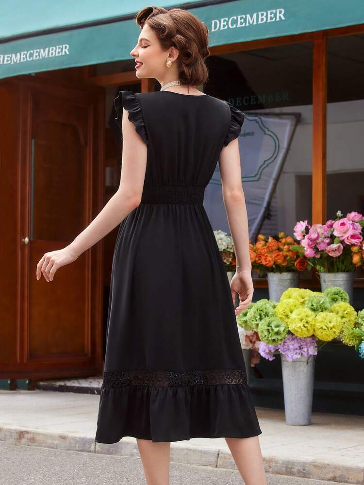 Vintage Elegant Women's Vacation Dress, Spring/Summer, Sheer Lace Bell Sleeve, Black Swing Dress With Umbrella Skirt Back To School Clothes Teacher Clothes Long Skirt Concert Women Outfit Button Down Dress Old Money Style Business Casual Women Work Dress Long Women Dresses