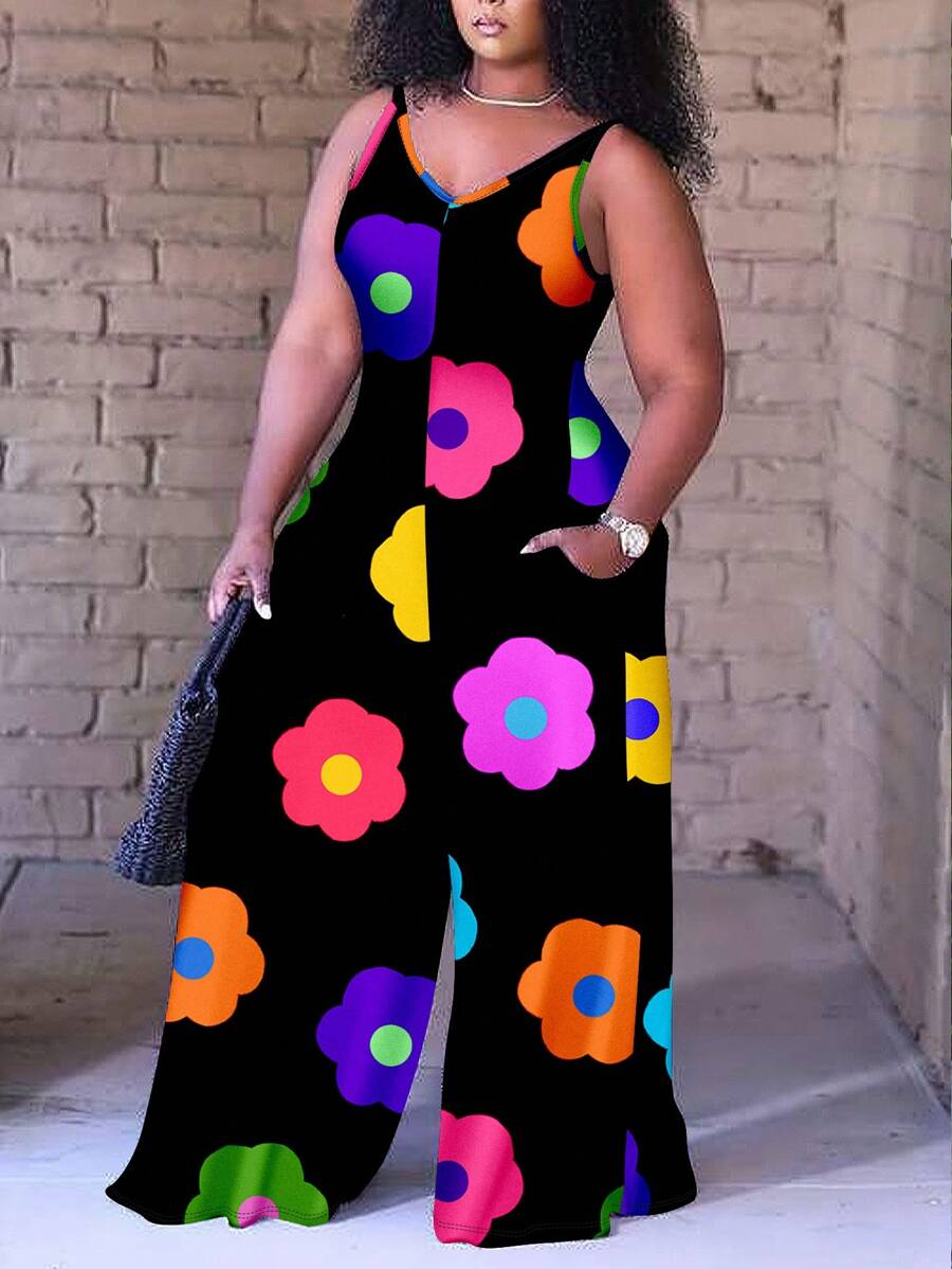 Slaydiva Plus Size Summer Holiday Floral Printed Wide-Leg Jumpsuit With Straps For Casual Wear