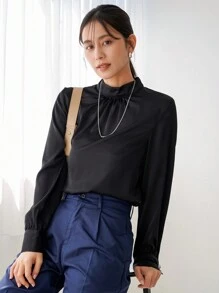 Aveloria Women's Solid Color Pleated Stand Collar Long Sleeve Shirt Fall Cloth For Women - Black - View 2