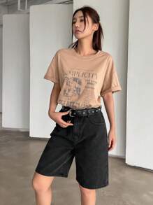 DAZY 女士實色簡約日常穿著牛仔短褲 - 黑色 - 查看 7