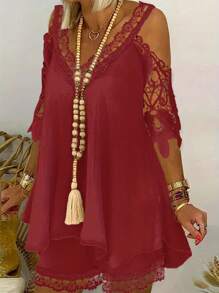 EMERY ROSE Plus Size Women Fashionable Cold Shoulder Asymmetrical Hem Dress - Red - View 1
