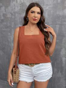 SHEIN LUNE Plus Size Solid Color Square Neck Vacation Leisure Tank Top - Rust Brown - View 3